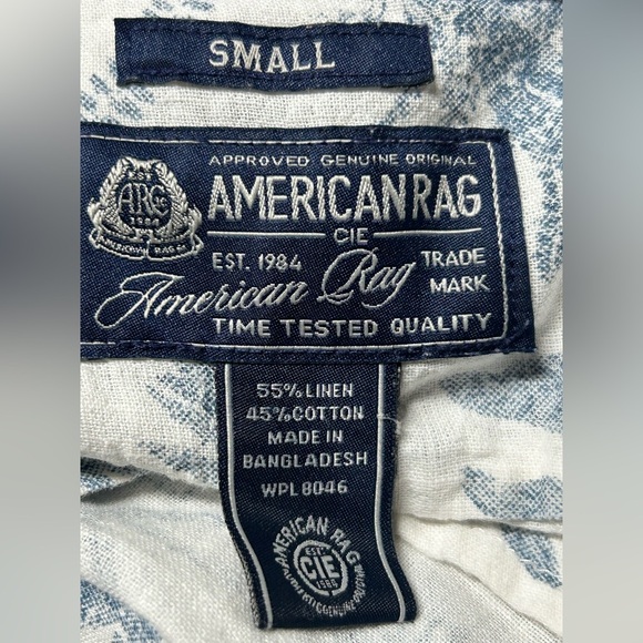 American Rag Cie Linen Blend Polo Tossed Ferns Men Size S Tropical Blue/White - Picture 3 of 5